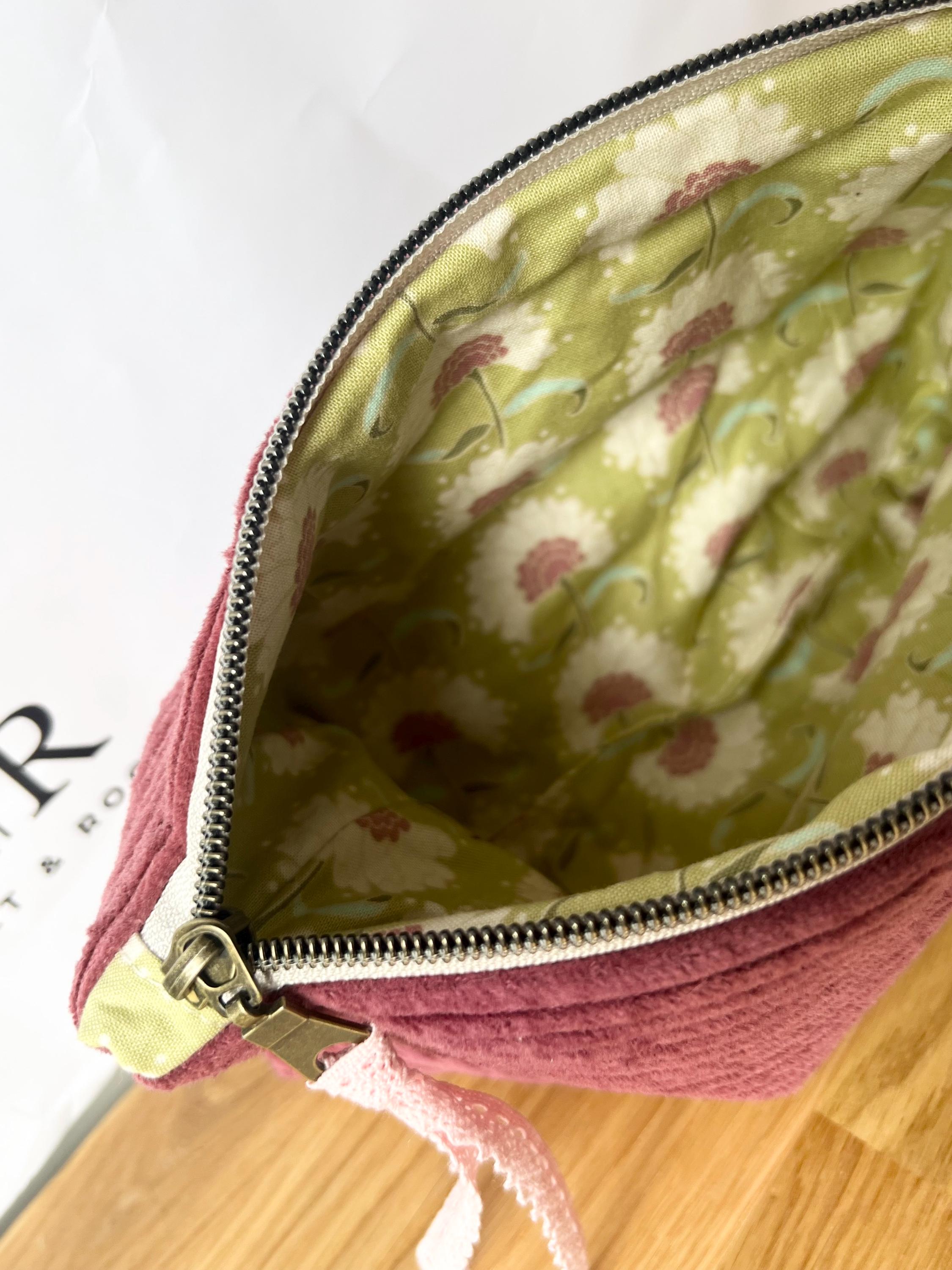 Maroon jumbo cord make-up bag with contrasting Tilda lining.