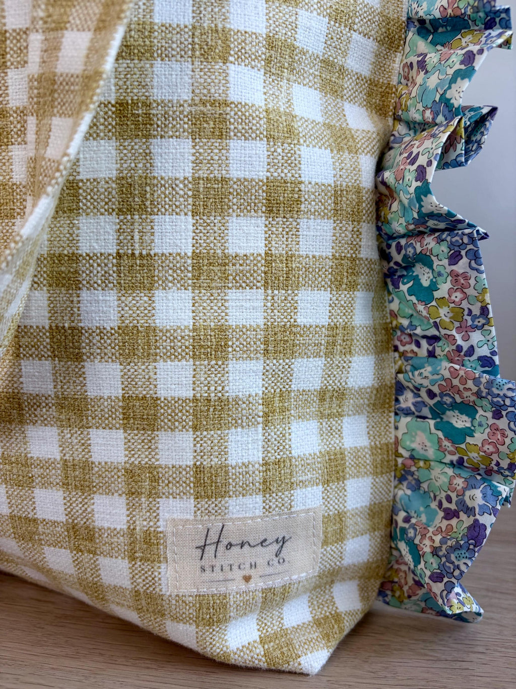 Liberty Michelle Green Ruffle Tote Bag – Gingham & Floral | Honey Stitch Co. Collection | Handmade Tote