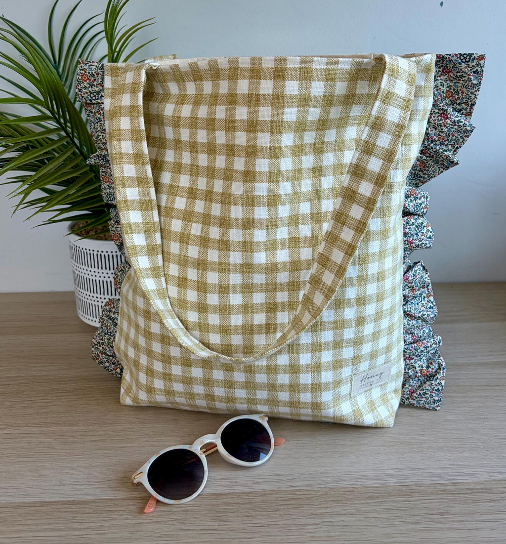 Liberty Katy and Millie Ruffle Tote Bag – Gingham and Floral | Honey Stitch Co. Collection | Handmade Tote