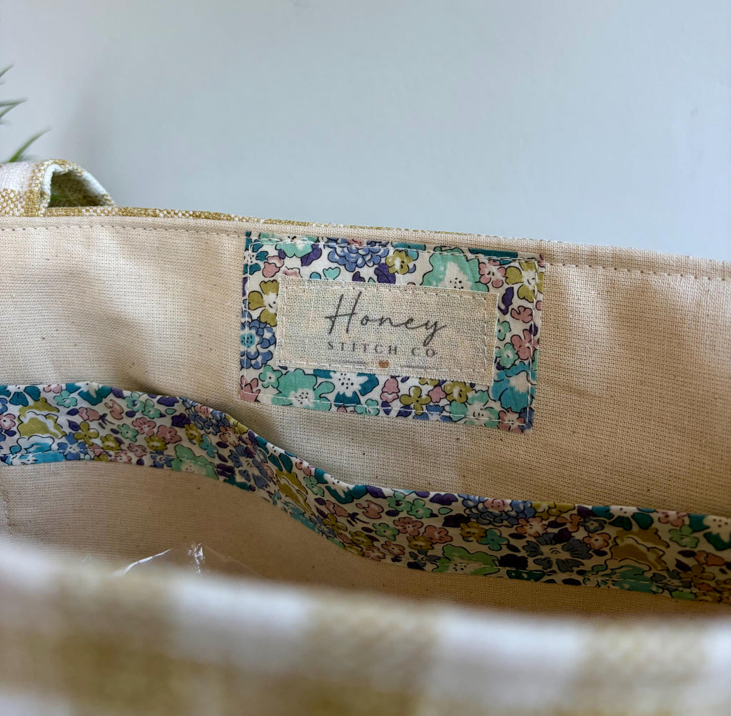 Liberty Michelle Green Ruffle Tote Bag – Gingham & Floral | Honey Stitch Co. Collection | Handmade Tote