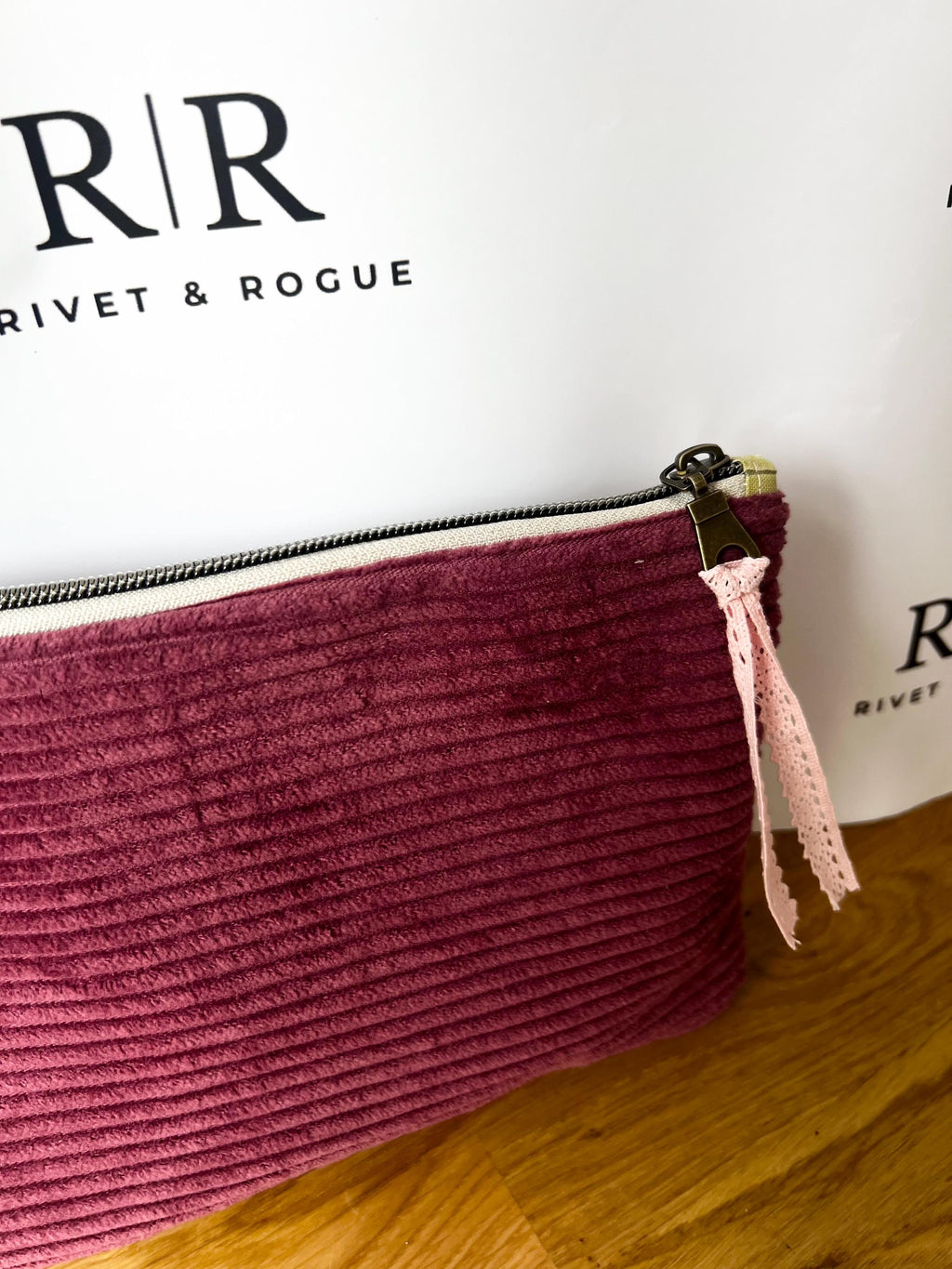 Maroon jumbo cord make-up bag with contrasting Tilda lining.