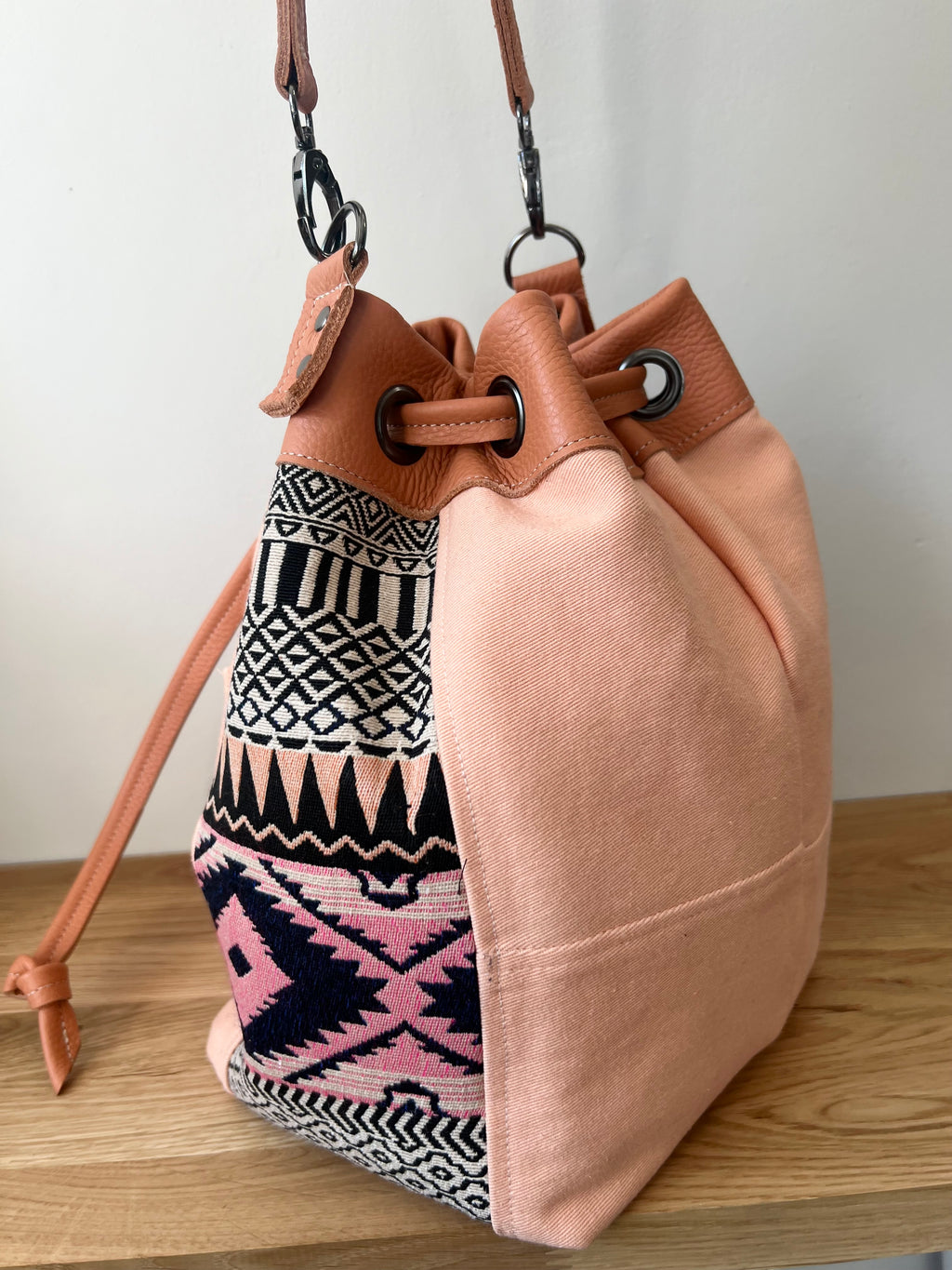 Leather & Upcycled Denim handmade Bucket Bag