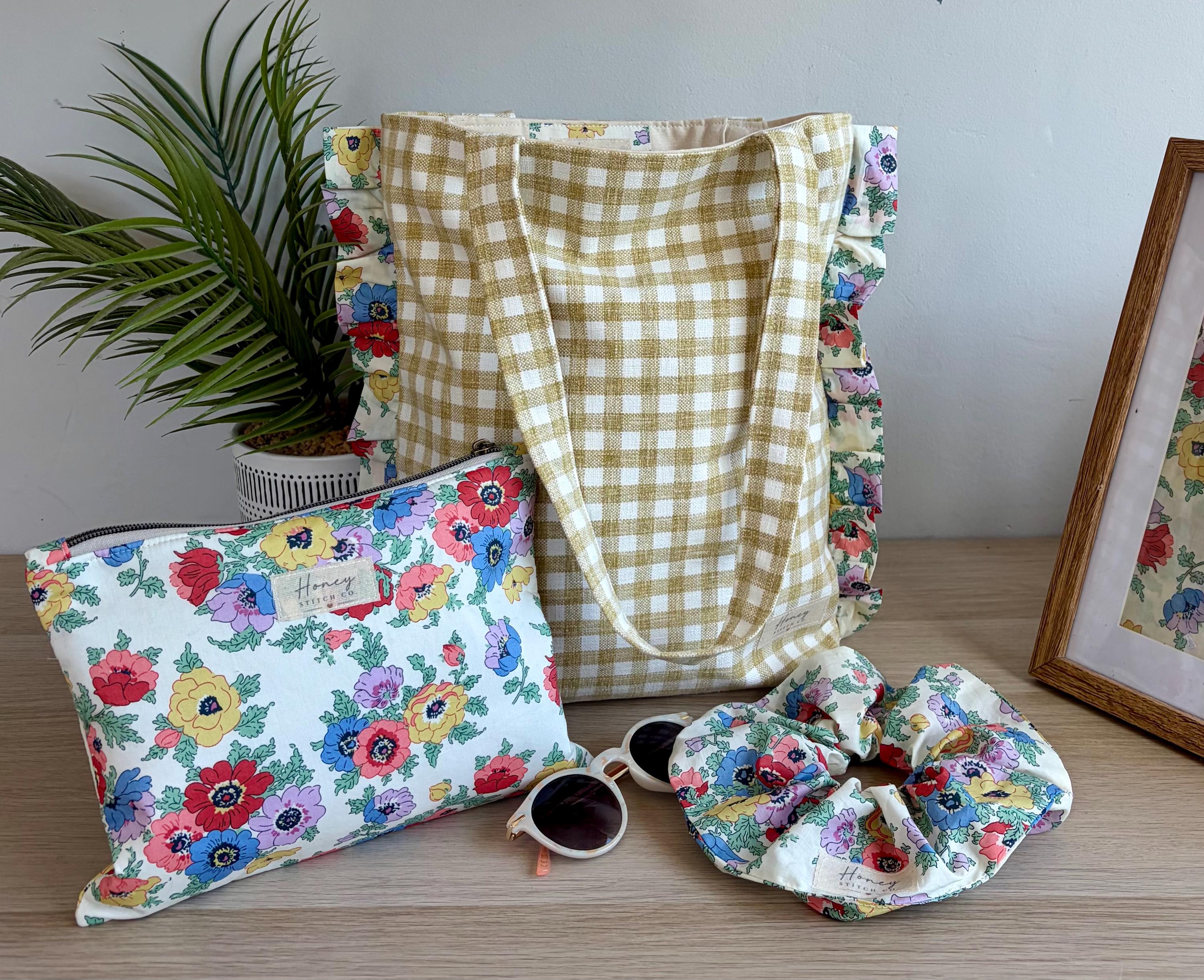 Liberty Madeline Rainbow Tote Bag | Handmade Floral Tote with Matching Pouch & Scrunchie | Everyday Shoulder Bag | Gift for Her