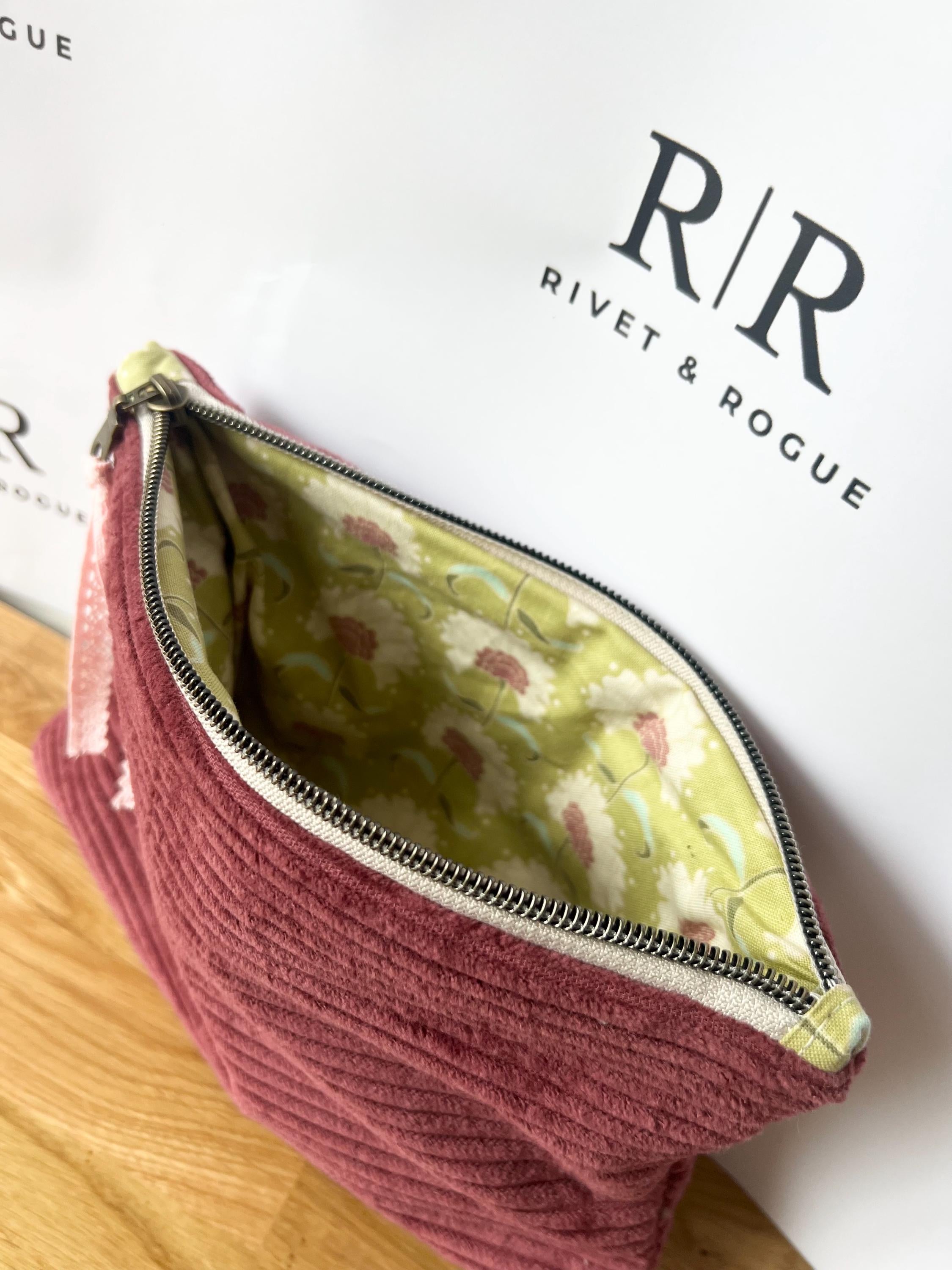 Maroon jumbo cord make-up bag with contrasting Tilda lining.